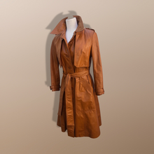 Load image into Gallery viewer, 70’s Vintage Two Piece with Removable Vest with Coat Leather Caramel Colored Trench Spy Coat Belted