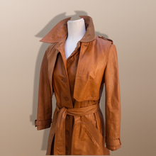 Load image into Gallery viewer, 70’s Vintage Two Piece with Removable Vest with Coat Leather Caramel Colored Trench Spy Coat Belted