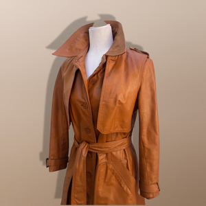 70’s Vintage Two Piece with Removable Vest with Coat Leather Caramel Colored Trench Spy Coat Belted