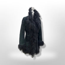 Load image into Gallery viewer, Vintage Black Suede and Curly Mongolian Bohemian Boho Hippy Coat Coachella Burning Man Goth