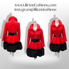Load image into Gallery viewer, Women's Vintage Lilli Ann Coat- Lipstick Red Orange Bright 60's Mod Wool Thick Tiered Black Fox Fur Trim Fit Flare Princess Small Pinup