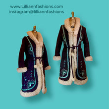 Load image into Gallery viewer, Vintage Coat- 70s Afghan Embroidered Turquoise Blue Sheep Shearling Sheepskin Suede Penny Lane Princess Coat Fit Flare S M Boho Hippy