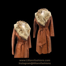 Load image into Gallery viewer, 70’s Vintage Leather Caramel Coat with Fur Collar and Belt