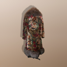 Load image into Gallery viewer, 70’s Vintage Coat Velvet Boho Lamb Shearling Tapestry Coat Gold Bergundy Brocade Carpet Hippy Royalty Penny Lane Almost Famous M Russian Princess matching purse