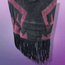 Load image into Gallery viewer, Purple Suede and Genuine Shearling Mosaic Coat with Fringe Western Aztec  Native Cowgirl Inspired Magenta Black and Gold