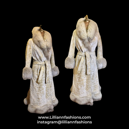 70s Women's Vintage Karakul Persian Lamb Coat White Cream and Fox fur Long Princess Winter Spring Wedding Russian Warm Pinup