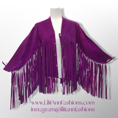 Authentic 70’s Magenta Purple Pink Suede Long Fringe Beaded Jacket Coat Boho Bohemian Hippy Chic