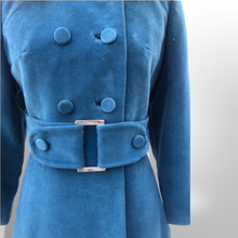 Load image into Gallery viewer, 60’s 70’s Velveteen Blue Coat Vegan Faux Fur Belted