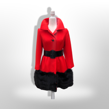 Load image into Gallery viewer, Women's Vintage Lilli Ann Coat- Lipstick Red Orange Bright 60's Mod Wool Thick Tiered Black Fox Fur Trim Fit Flare Princess Small Pinup