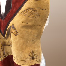 Load image into Gallery viewer, 70’s Suede Poncho Cape Equestrian Serape with Carved Horse Scene Mint Condition Fringe Border One Size Fits All Cowboy Cowgirl Unisex Southwestern Mexican Native Boho One of A Kind