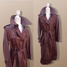 Load image into Gallery viewer, 70’s Leather Spy Trench Coat Oxblood Maroon Deep Bergundy Color