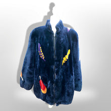 Load image into Gallery viewer, Zuki Style Ultra Soft Sheared Blue Beaver Fur Zip up Bomber Intarsia Falling Leaves