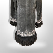 Load image into Gallery viewer, Vintage Black Suede Embroidered Mongolian Lamb Shearling Coat 38” Bust Penny Lane Boho