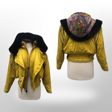 Load image into Gallery viewer, 80’s 90’s Yellow Mustard Hooded Ski Windbreaker Jacket Cropped Tapered Waist Southwestern Aztec Trim