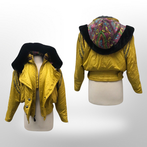 80’s 90’s Yellow Mustard Hooded Ski Windbreaker Jacket Cropped Tapered Waist Southwestern Aztec Trim