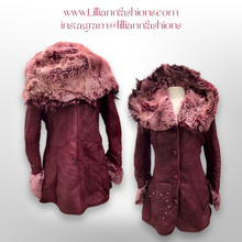 Load image into Gallery viewer, Italian made Purple Bergundy Lamb Leather and Shearling Hooded Studded Coat Jacket