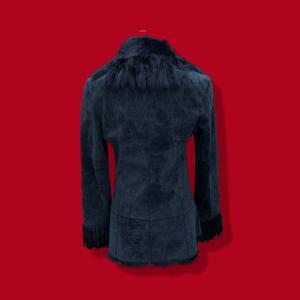 Vintage Black Suede Jacket Blazer Fitted with Tassle Fur Collar