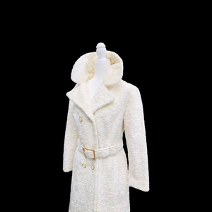 Vintage Robert Meshekoff Faux Persian Lamb Astrakhan White Belted Full Length Double Breasted Coat