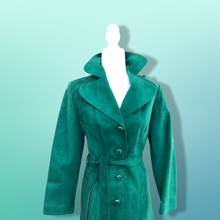 Load image into Gallery viewer, Emerald Green Suede 70’s Coat Rounded Collar Studio 54 Trench Spy Coat