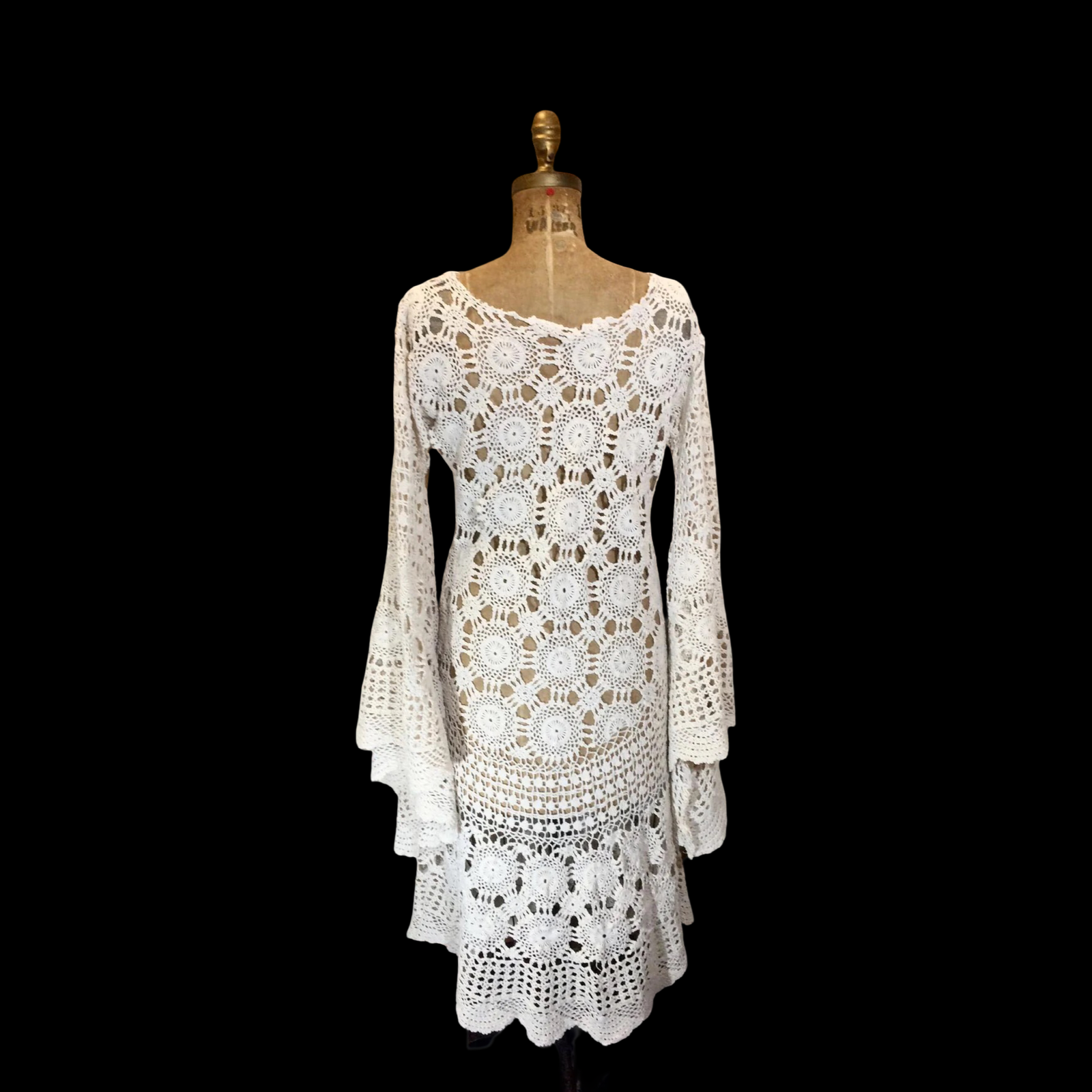 70s Angel Wing Crocheted Dress- Renaissance Festival 1970s Massive Bell Sleeves, Cream, White, Hippy Boho Flower Child Event Wedding M/L/XL