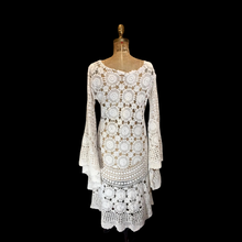 Load image into Gallery viewer, 70s Angel Wing Crocheted Dress- Renaissance Festival 1970s Massive Bell Sleeves, Cream, White, Hippy Boho Flower Child Event Wedding M/L/XL