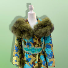 Load image into Gallery viewer, 60’s 70’s Tapestry Carpet Coat Blue Turquoise Green Beaded Belt Fur Fox Norwegian Collar