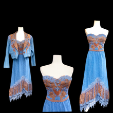 Load image into Gallery viewer, 80’s Vintage Three Piece Jean and Lace Skirt Bustier and Jacket Beaded and Embroidered Cowgirl Cowboy Beyoncé Style