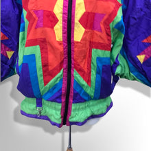 Load image into Gallery viewer, 80’s 90’s Neiman Marcus Genuine Down Puffer Coat in Rainbow Apres Ski “In Living Color” Pride Oversized Chubby Coat Rare Ski Winter Suede Fringr Native American Inspired Style