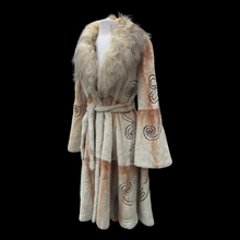 Load image into Gallery viewer, Embroidered Mocha Cream Colored Ombré Sheared Fur Beaver Princess Coat with Crystal Accents Full Skirt and Flared Bell Sleeves Wearable Work of Art One of A Kind