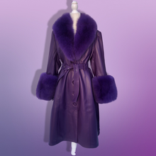 Load image into Gallery viewer, Purple Lamb Leather and Fox Fur Trench Fit and Flare Coat