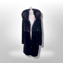 Load image into Gallery viewer, Jet Black Hooded Mink and Shearling Luxury Coat with Rhinestone Button