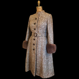 Vintage 60s 70s Women's Coat Mohair Wool Knitted Couture Made in Paris France Belt Fit Flare Princess Trim
