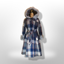Load image into Gallery viewer, Plaid Pinup Princess Fit and Flare Wool Hooded Faux Shearling Coat Boho Almost Famous Penny Lane M/L