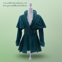 Load image into Gallery viewer, 80’s 90’s Green Suede Cape Coat Jacket Belted and Skirted