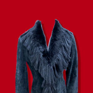 Vintage Black Suede Jacket Blazer Fitted with Tassle Fur Collar