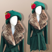 Load image into Gallery viewer, Vintage Forest Green 100% Wool Wrap Coat with Genuine Fur Collar