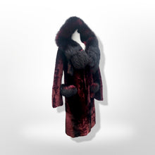 Load image into Gallery viewer, Genuine Fur Hooded Coat Shearling and Fox Fur Bergundy Iridescent and Black Gothic Ombré Victorian