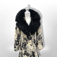 Load image into Gallery viewer, 70’s Tapestry Carpet Floral Black and White Coat with Black Shearling Trim Penny Lane Boho Hippy Chic