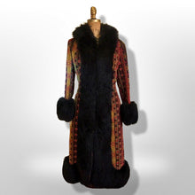 Load image into Gallery viewer, 60s Tapestry Carpet Coat Needlepoint Embroidered Red, Yellow, Gold, Black Shearling Russian Princess Coat Festive Winter