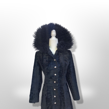 Load image into Gallery viewer, 70’s Vintage Black Princess Shearling and Faux Astrakhan Lamb Fabric hooded Fit and Flare Boho