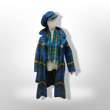 Load image into Gallery viewer, Made in Scotland Scottish Pure Mohair and Wool Plaid Coat Hat Scarf Three Piece Set Blue Yellow Wrap Style
