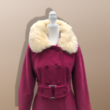 Load image into Gallery viewer, 60’s 70’s Velveteen Maroon Coat Vegan Faux Fur Belted