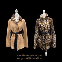 Load image into Gallery viewer, Vintage 60’s Cape Poncho Reversible Wool camel and Faux Leopard Jaguar Print Double Pocket and Buttons