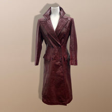 Load image into Gallery viewer, Vintage 70’s Leather Coat Trench Spy Collar Business Career Fitted Women’s Oxblood Maroon Bergundy