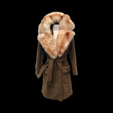 Load image into Gallery viewer, Tweed Plaid Wool Army Green Wrap Coat With Shearling Collar