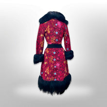 Load image into Gallery viewer, 60’s 70’s Rare Red Carpet Tapestry Coat Needlepoint Floral Exotic Design with Genuine Fox Fur and Goat Shearling Trim Jeweled Belt Small Petite