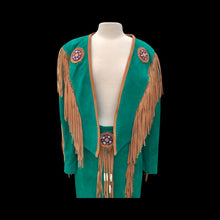 Load image into Gallery viewer, Women’s Western Turquoise Blue Suede Set Jacket and Skirt Genuine Suede and Hand Beaded SouthWestern Native Inspired Cowgirl