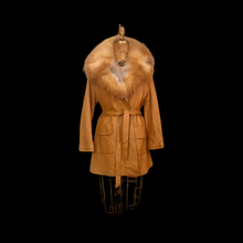 Load image into Gallery viewer, 70s Vintage Women&#39;s Coat Caramel Leather Huge Red Ombre Fox Fur Fit Flare Studio 54 Small to Large