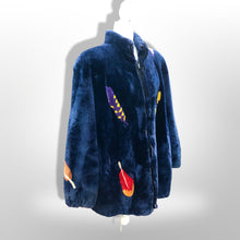 Load image into Gallery viewer, Zuki Style Ultra Soft Sheared Blue Beaver Fur Zip up Bomber Intarsia Falling Leaves