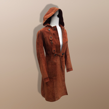 Load image into Gallery viewer, 70’s Vintage Suede Hooded Orange Rust Coat Small Petite Heavy Duty Snap Closure